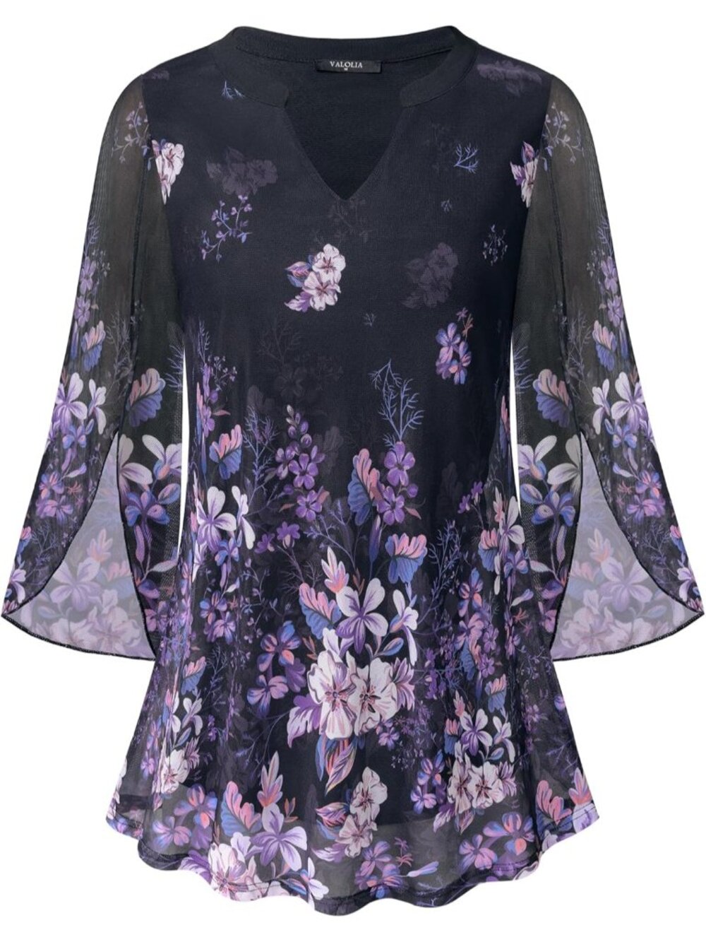 VALOLIA Women's Tops Black 3/4 Sleeve Floral V Neck Double Layers Mesh Blouses - Picture 1 of 6